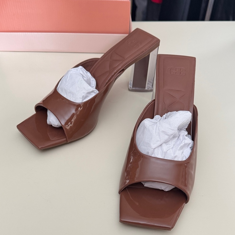 GB Women’s Brown Patent Slide Mules with Clear Block Heel 10M